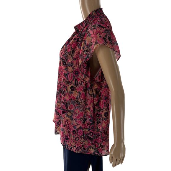 A.L.C. Hayley Pink Floral Metallic Short Flutter Sleeve Silk Top - Picture 8 of 12